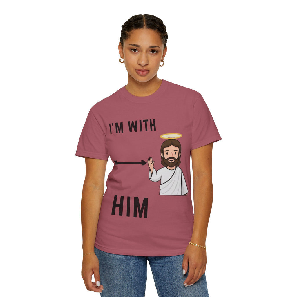 🔥 I’m With Him → Christian T-Shirt | Arrow Pointing to Jesus | Minimalist Faith Tee | Subtle Cross Design | Bible-Inspired Apparel by Uplifted Gear Printify