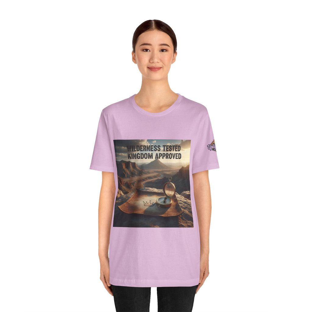 Wilderness Tested Kingdom Approved T-shirt – Mountain Desert Compass Crown Christian T-shirt for Biblical Adventure Faith Printify