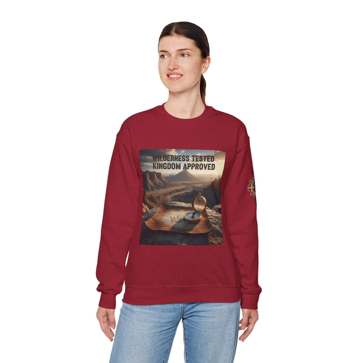 Wilderness Tested Kingdom Approved Sweatshirt – Mountain Desert Compass Crown Christian Sweatshirt for Biblical Adventure Faith Printify