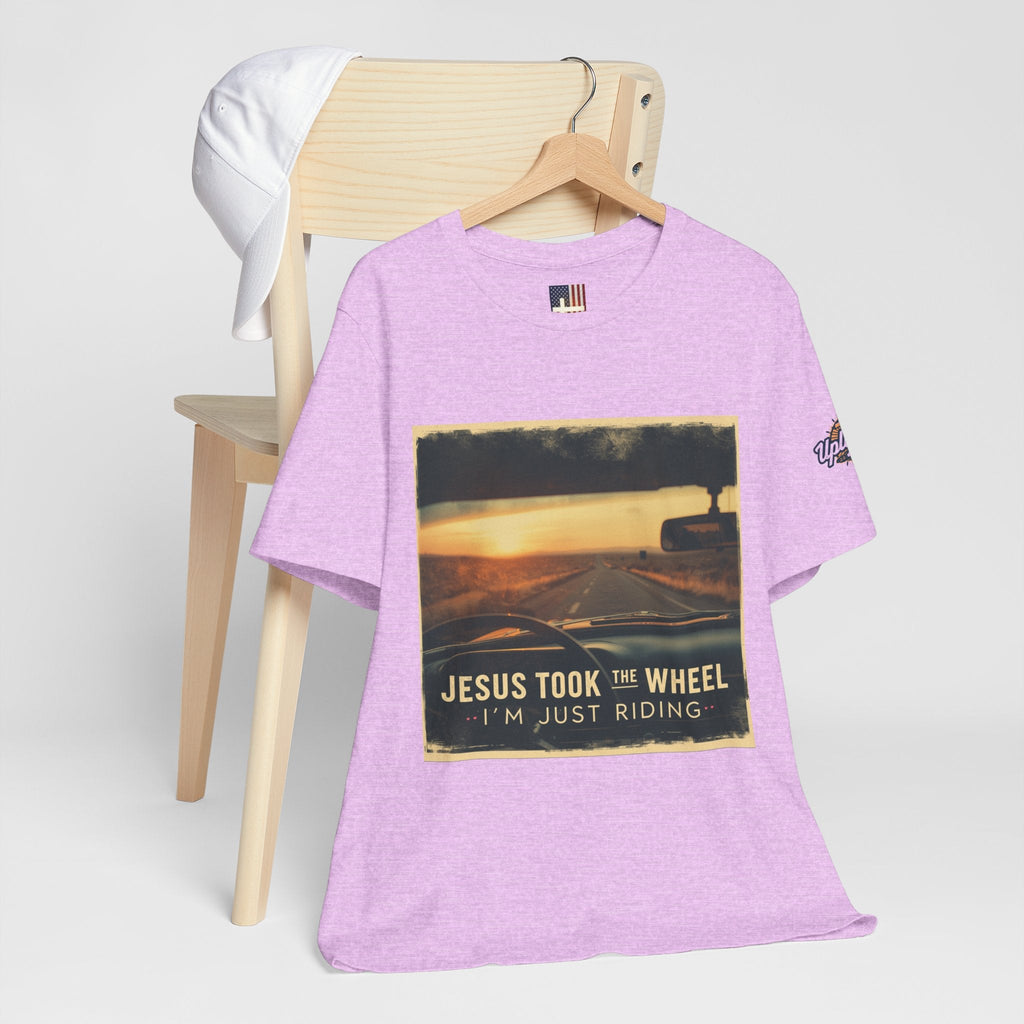 Jesus Took the Wheel I'm Just Riding T-shirt – Funny Christian Convertible Car T-shirt for Surrendered Faith & Humor Printify