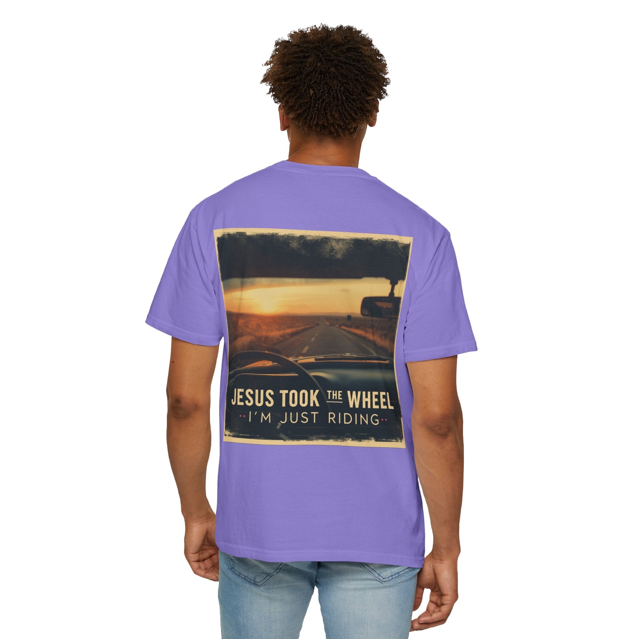Jesus Took the Wheel I'm Just Riding T-shirt – Funny Christian Convertible Car T-shirt for Surrendered Faith & Humor Printify