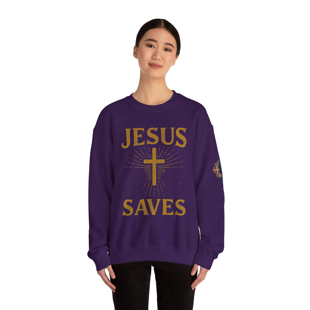 Jesus Saves Sweatshirt – Radiant Cross & Rays of Light Christian Sweatshirt for Eternal Hope & Faith Printify