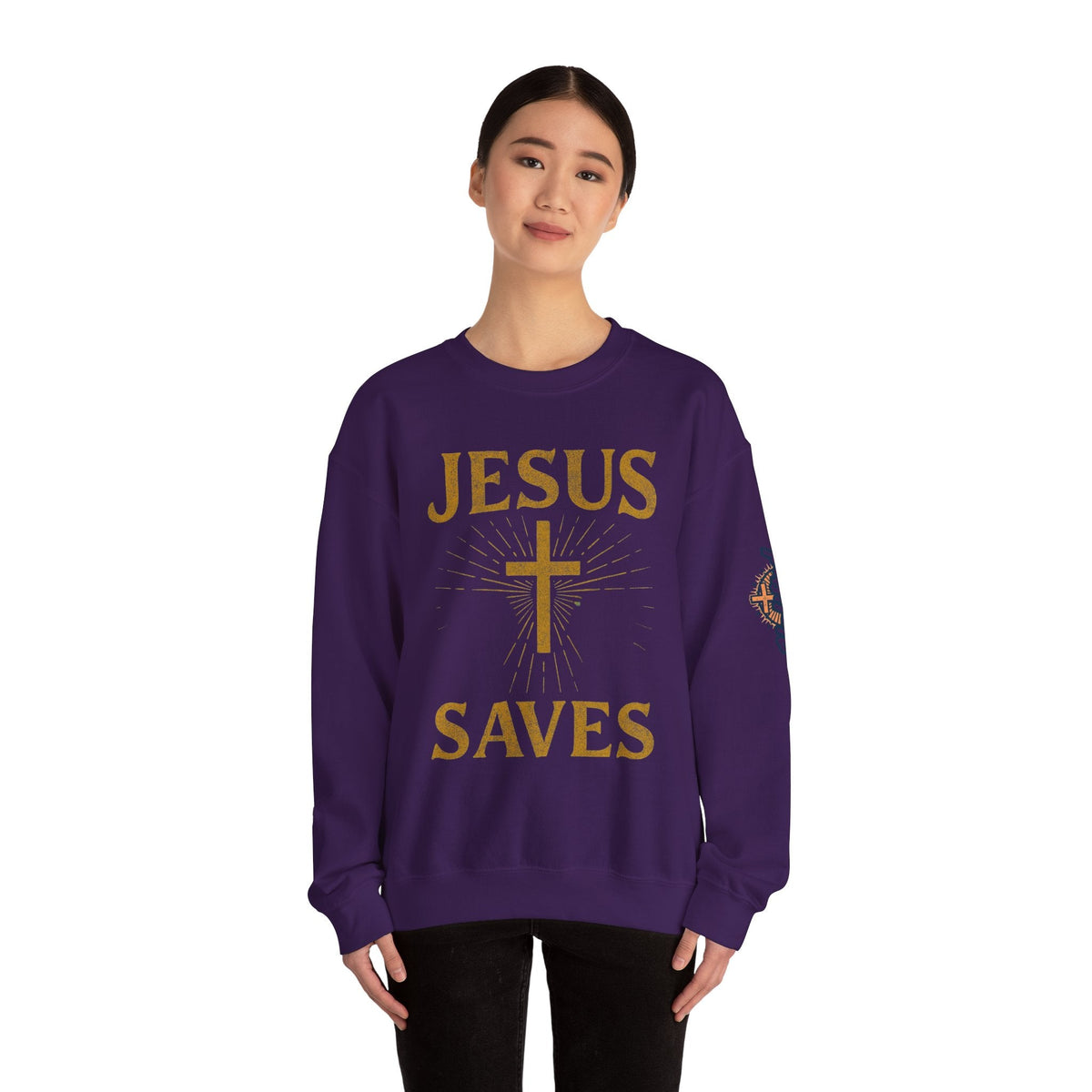 Jesus Saves Sweatshirt – Radiant Cross & Rays of Light Christian Sweatshirt for Eternal Hope & Faith Printify