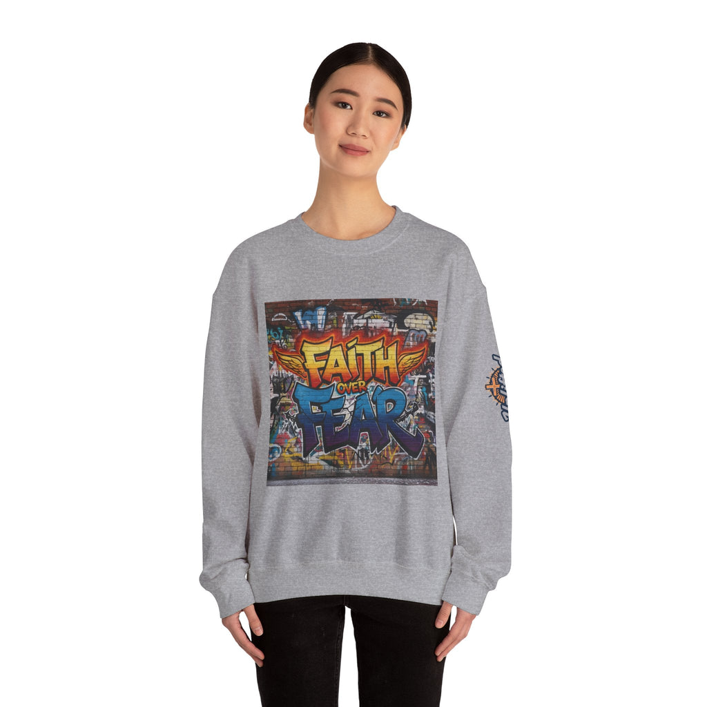 Faith Over Fear Sweatshirt – Graffiti Wall Christian Sweatshirt for Bold 2 Corinthians 5:7 Streetwear & Unshakable Faith Printify