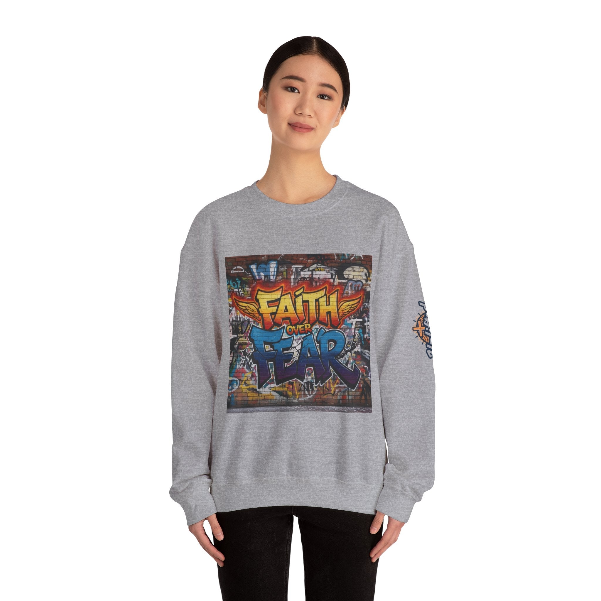 Faith Over Fear Sweatshirt – Graffiti Wall Christian Sweatshirt for Bold 2 Corinthians 5:7 Streetwear & Unshakable Faith Printify