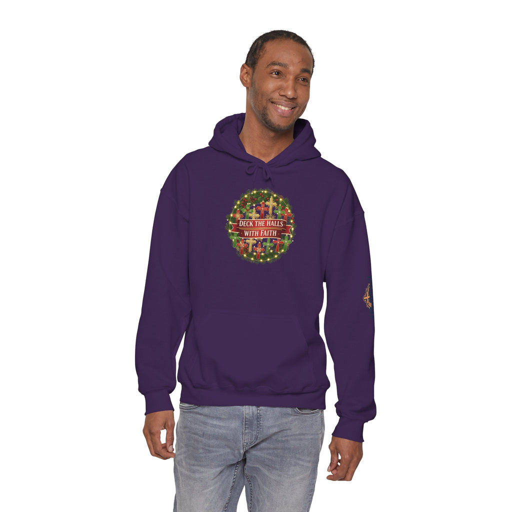 🎄 Deck the Halls with Faith – Christian Christmas Hoodie | Cross Ornament Design & Festive Garland | Bold Holiday Faith Tee by Uplifted Gear Printify