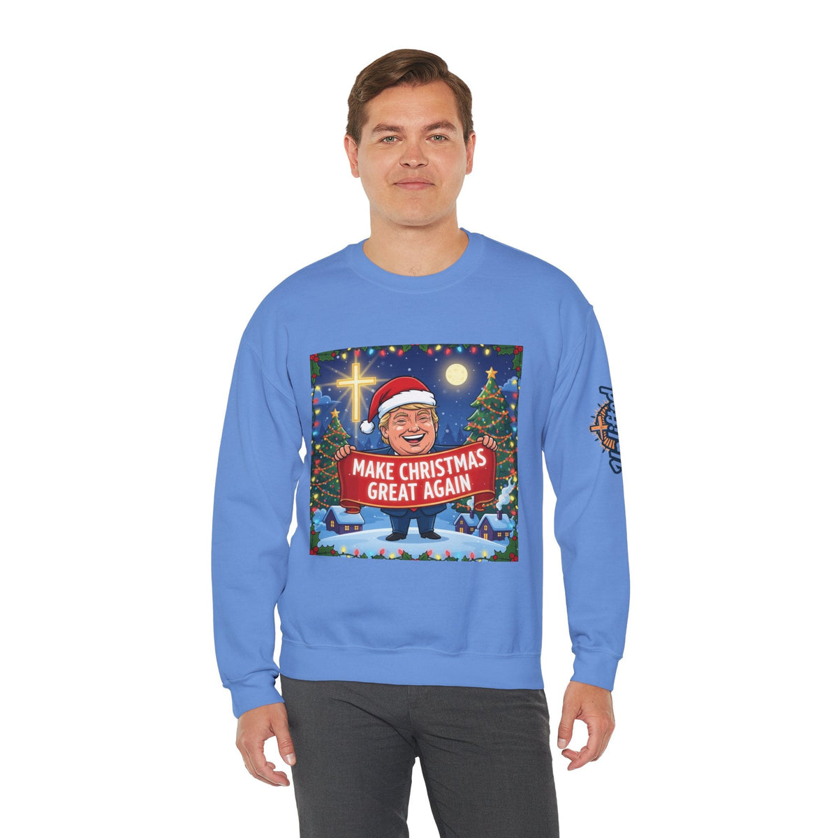 🎄 Make Christmas Great Again – Patriotic Christian Christmas Sweatshirt | Bold Holiday Faith Tee | Red & White Banner Design | Uplifted Gear Printify