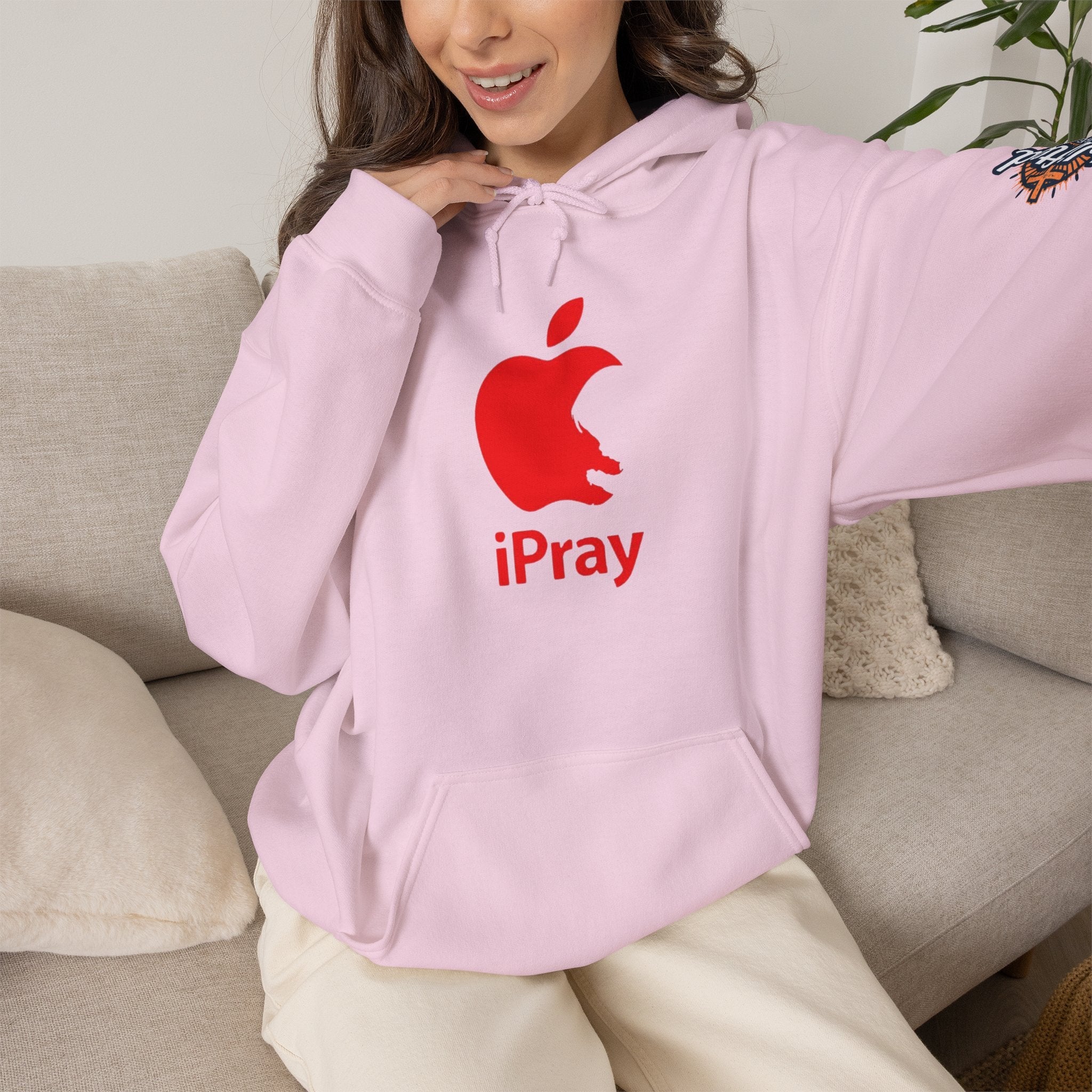 iPray Apple Logo Hoodie — Funny Christian Hoodie (Minimal Red Apple Graphic) Printify