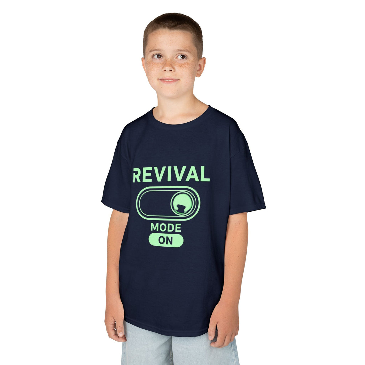 🔥 Revival Mode: ON – Christian Techwear Kids T-Shirt | Glowing Green Faith Switch | Futuristic Jesus Shirt | Activate Your Spiritual Awakening | Uplifted Gear Printify
