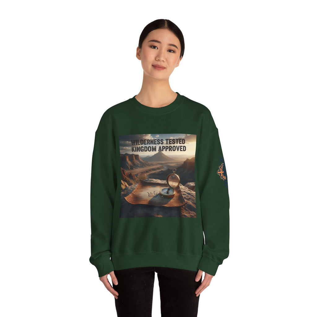 Wilderness Tested Kingdom Approved Sweatshirt – Mountain Desert Compass Crown Christian Sweatshirt for Biblical Adventure Faith Printify
