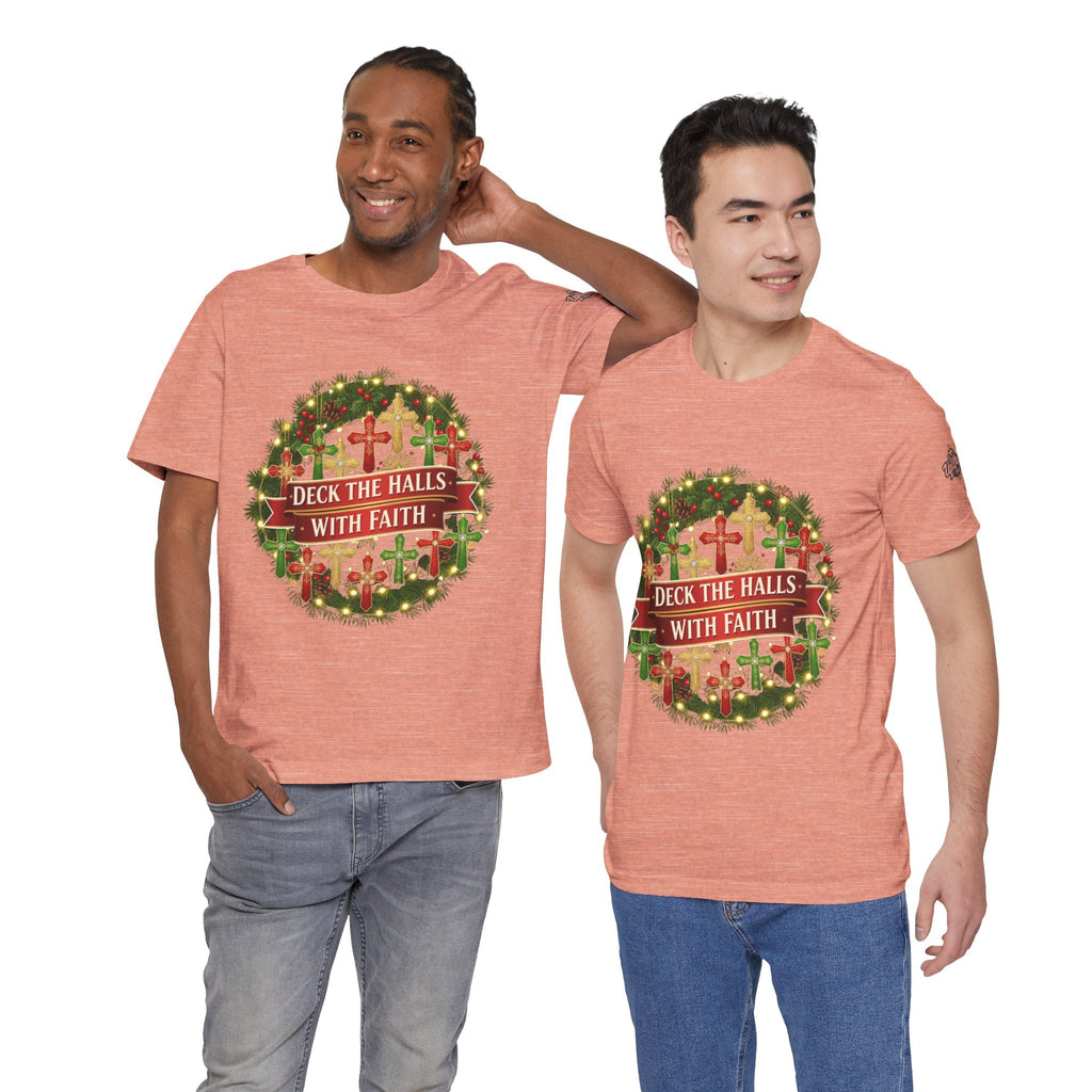 🎄 Deck the Halls with Faith – Christian Christmas T-Shirt | Cross Ornament Design & Festive Garland | Bold Holiday Faith Tee by Uplifted Gear Printify