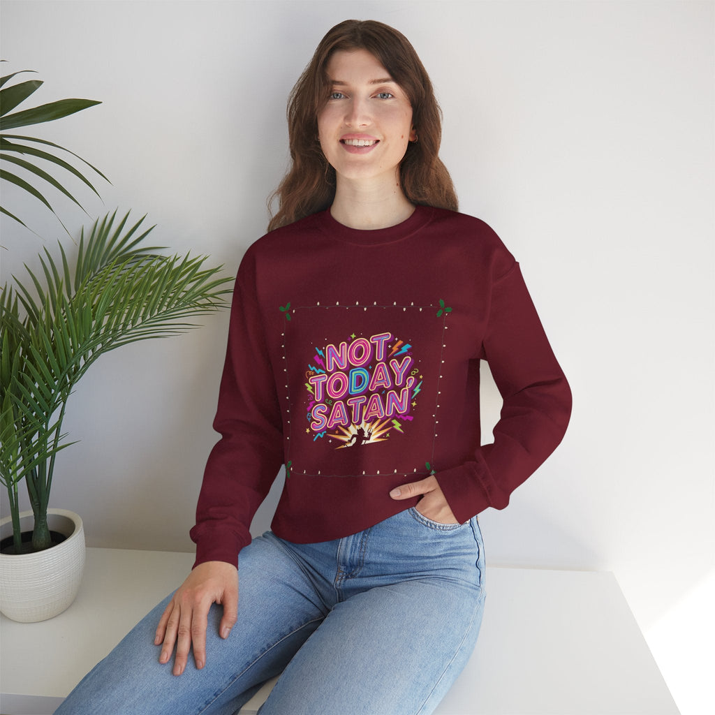 🔥 Not Today, Satan – Retro 90s Christian Sweatshirt | Neon Faith Tee | Funky Cartoon Devil | Bold Bible Verse Shirt | Uplifted Gear Printify