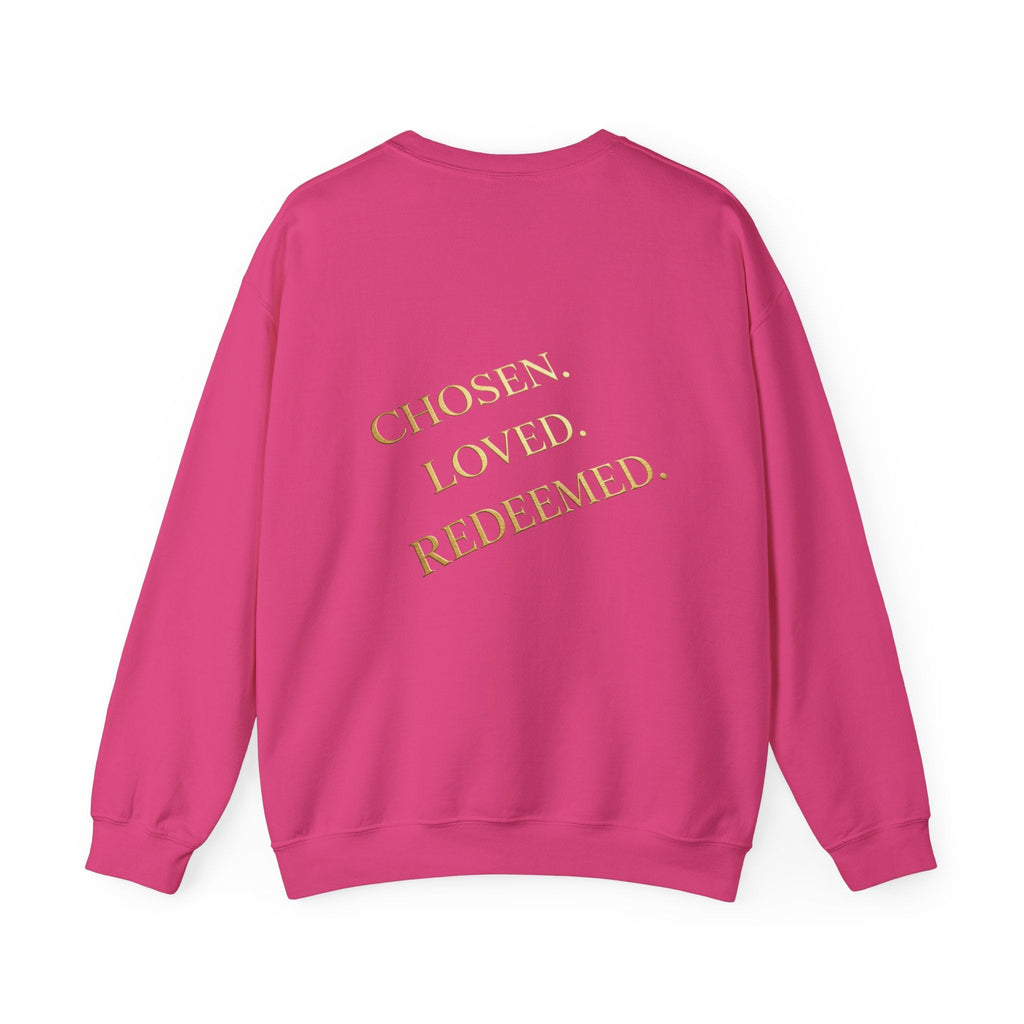 ✨ Chosen. Loved. Redeemed. – Elegant Christian Sweatshirt | Gold Foil Faith Tee | Subtle Cross & Heart Design | Inspirational Bible Verse Apparel by Uplifted Gear Printify