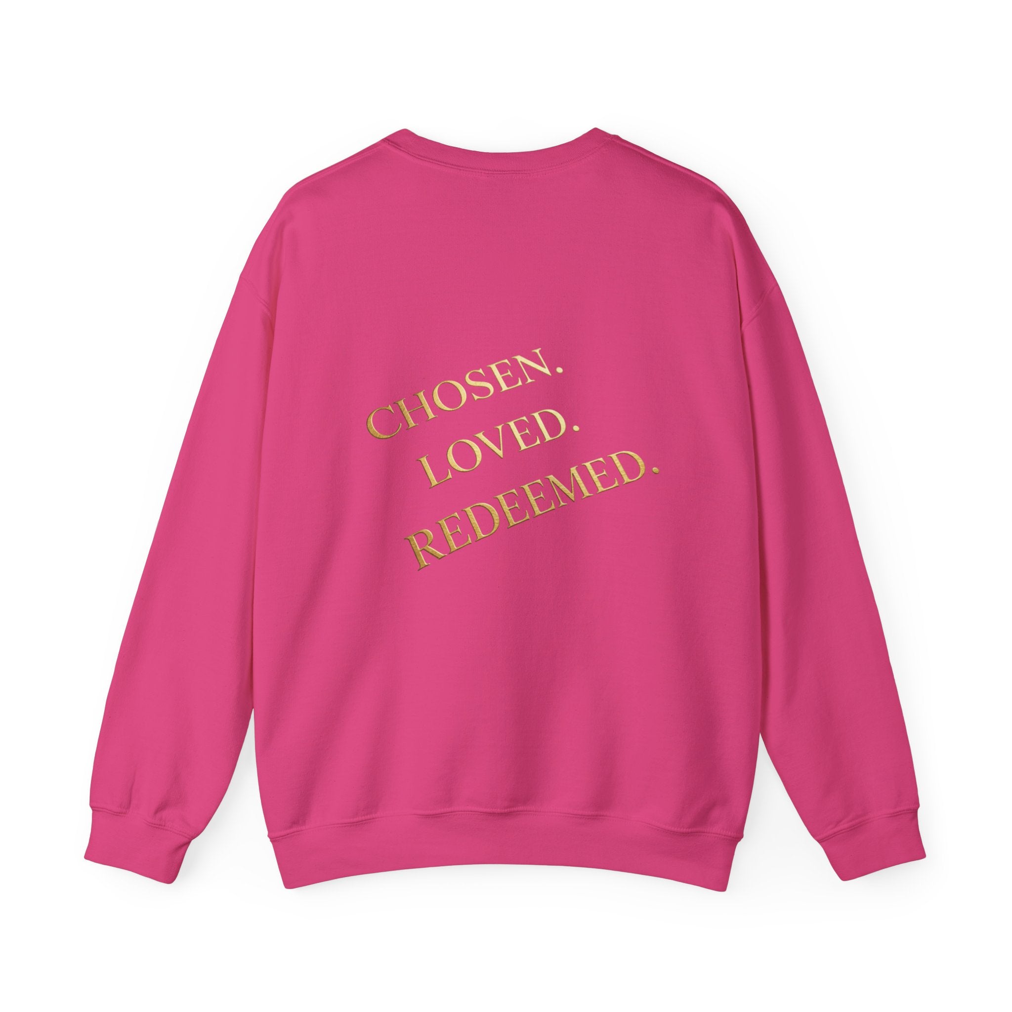 ✨ Chosen. Loved. Redeemed. – Elegant Christian Sweatshirt | Gold Foil Faith Tee | Subtle Cross & Heart Design | Inspirational Bible Verse Apparel by Uplifted Gear Printify