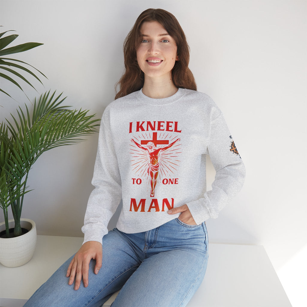 I Kneel to One Man Sweatshirt – Crucifixion Christian Sweatshirt for Unashamed Devotion & Bold Faith Printify
