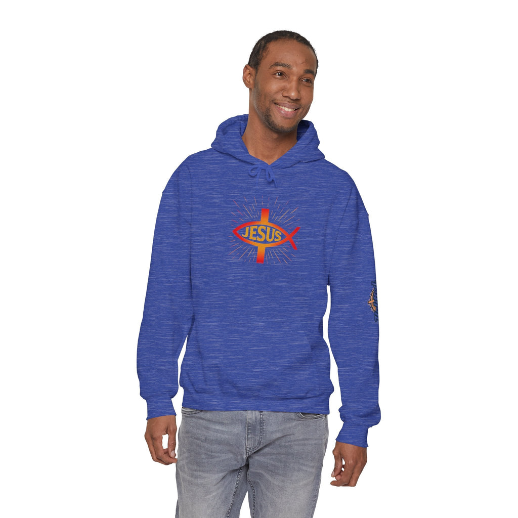Jesus Ichthys Hoodie – Christian Fish Symbol with Cross & Jesus Inscription Sweatshirt for Eternal Faith & Streetwear Printify