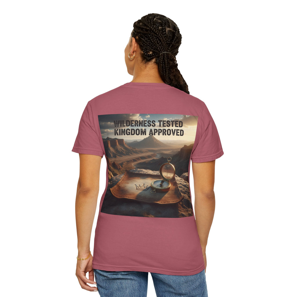 Wilderness Tested Kingdom Approved T-shirt – Mountain Desert Compass Crown Christian T-shirt for Biblical Adventure Faith Printify