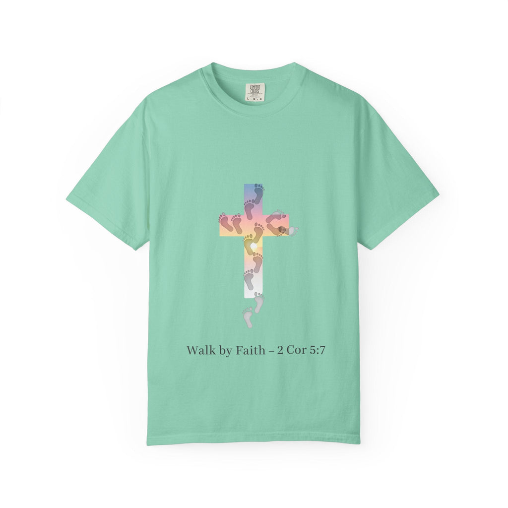 Walk by Faith T-Shirt – Cross & Footprints Christian Tee for Bold Believers Printify