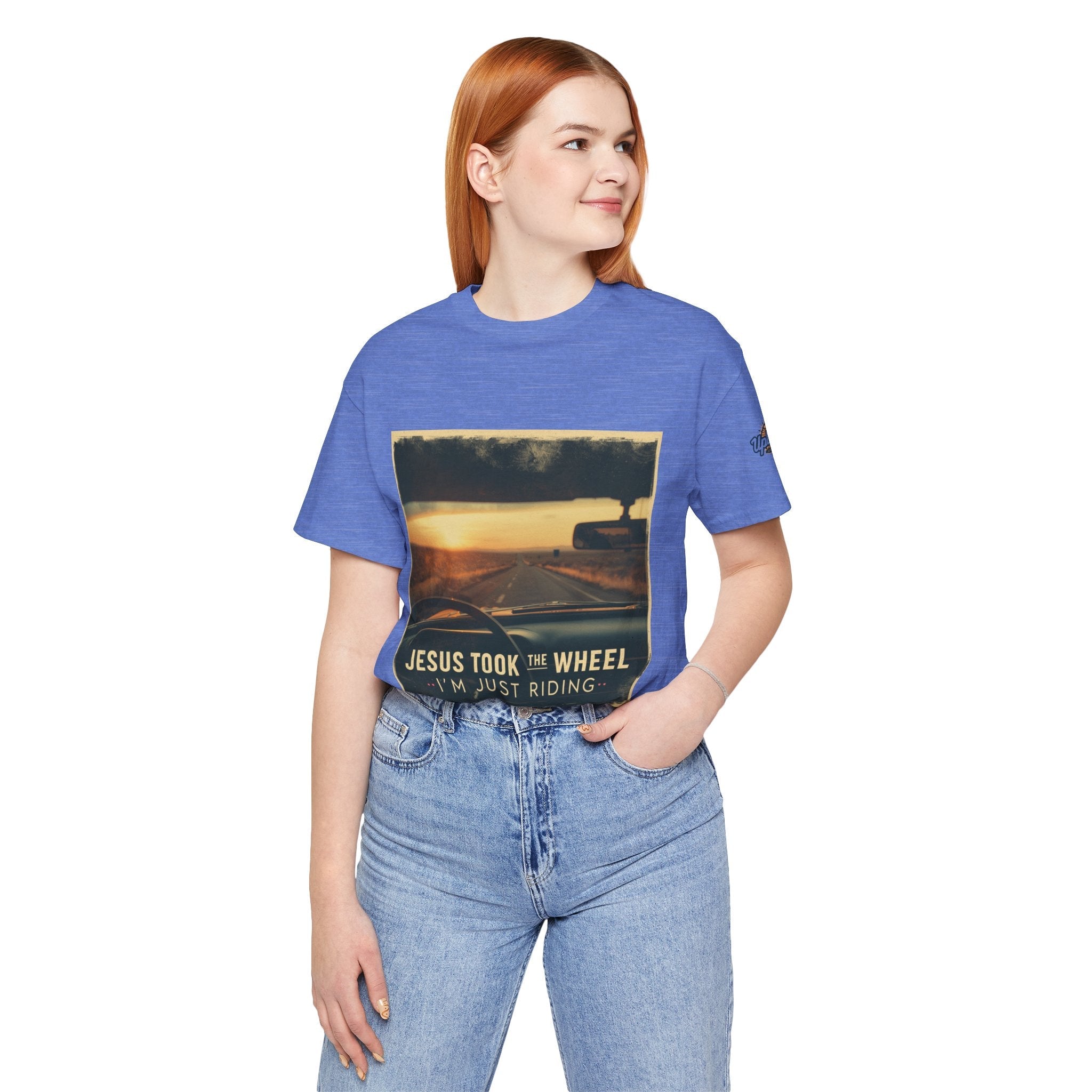Jesus Took the Wheel I'm Just Riding T-shirt – Funny Christian Convertible Car T-shirt for Surrendered Faith & Humor Printify