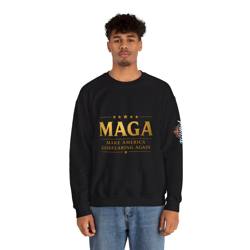 Sweatshirt — "MAGA Make America Godfearing Again" Gold Logo Crewneck Printify