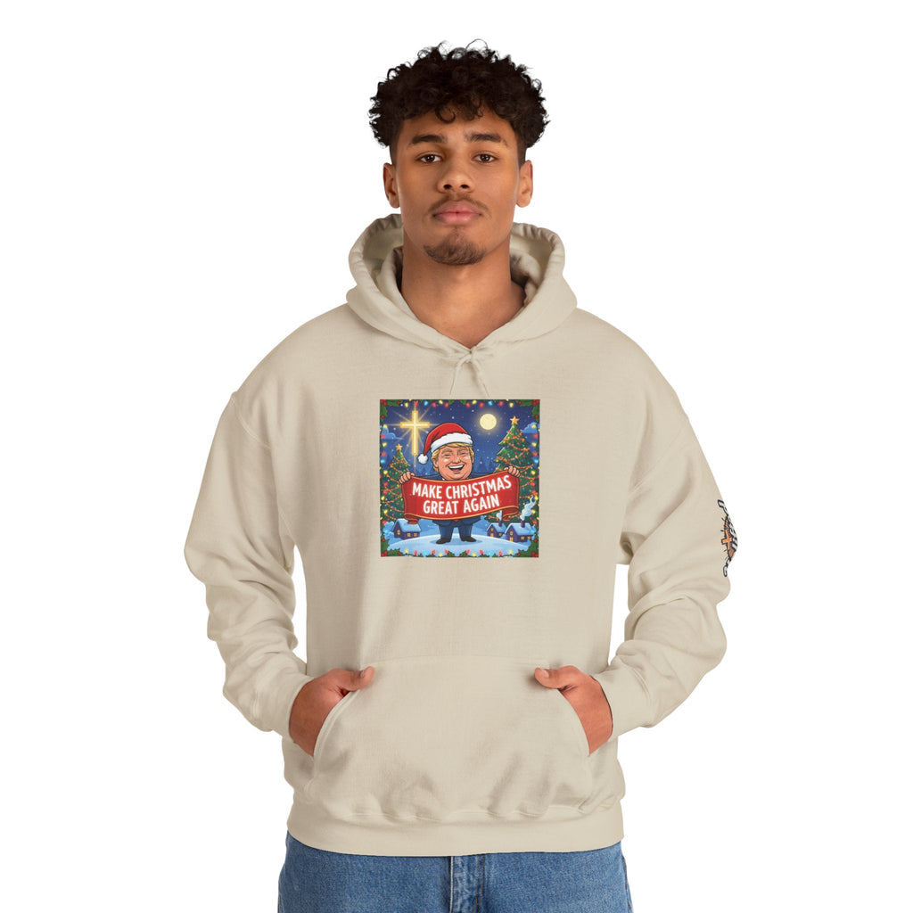 🎄 Make Christmas Great Again – Patriotic Christian Christmas Hoodie | Bold Holiday Faith Tee | Red & White Banner Design | Uplifted Gear Printify