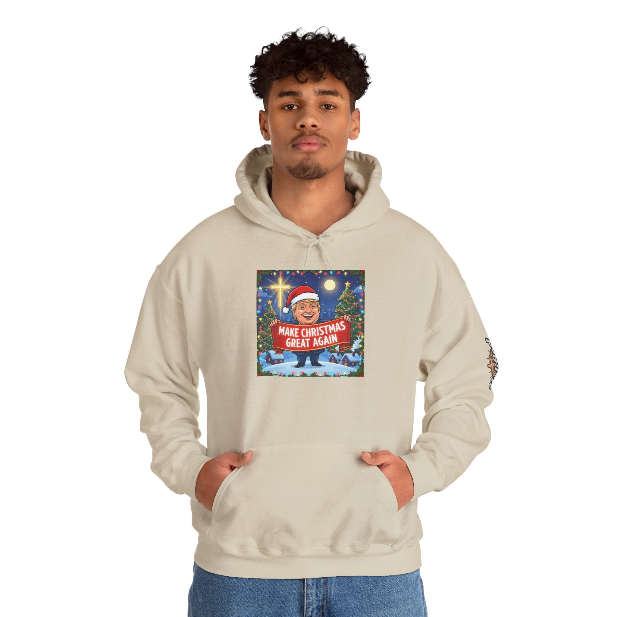 🎄 Make Christmas Great Again – Patriotic Christian Christmas Hoodie | Bold Holiday Faith Tee | Red & White Banner Design | Uplifted Gear Printify