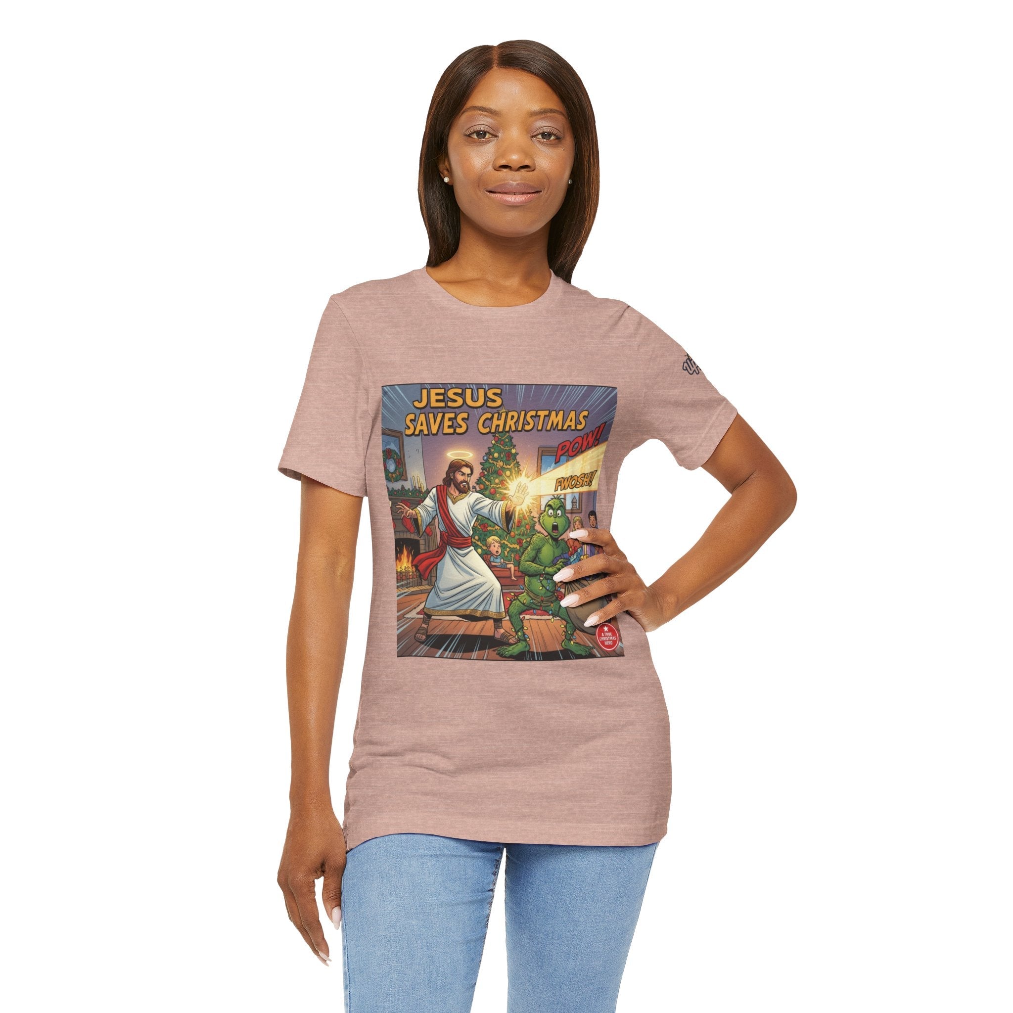 Jesus Saves Christmas T-shirt – Grinch vs Savior Light Battle Christian T-shirt for Hilarious Holiday Faith & True Joy Printify