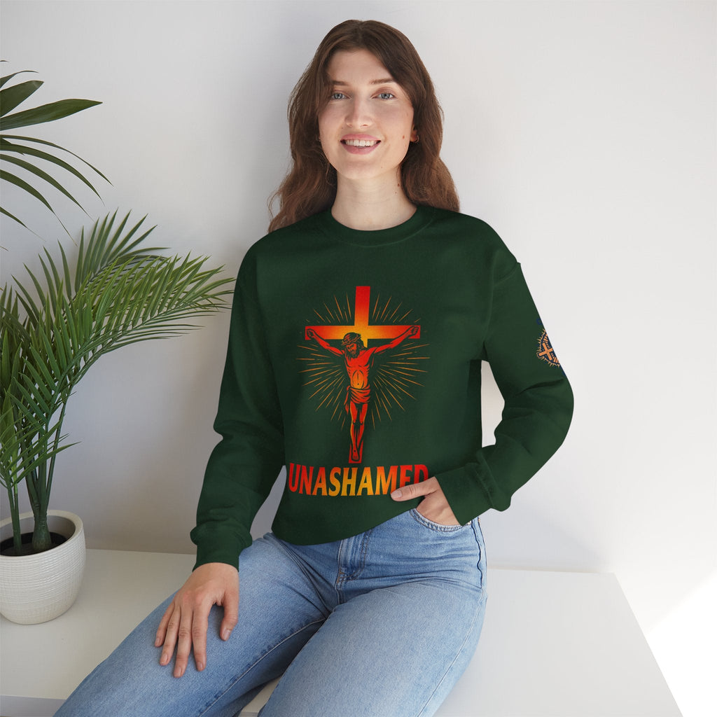 Unashamed Sweatshirt – Romans 1:16 Crucifixion Christian Sweatshirt for Bold Unwavering Faith Printify
