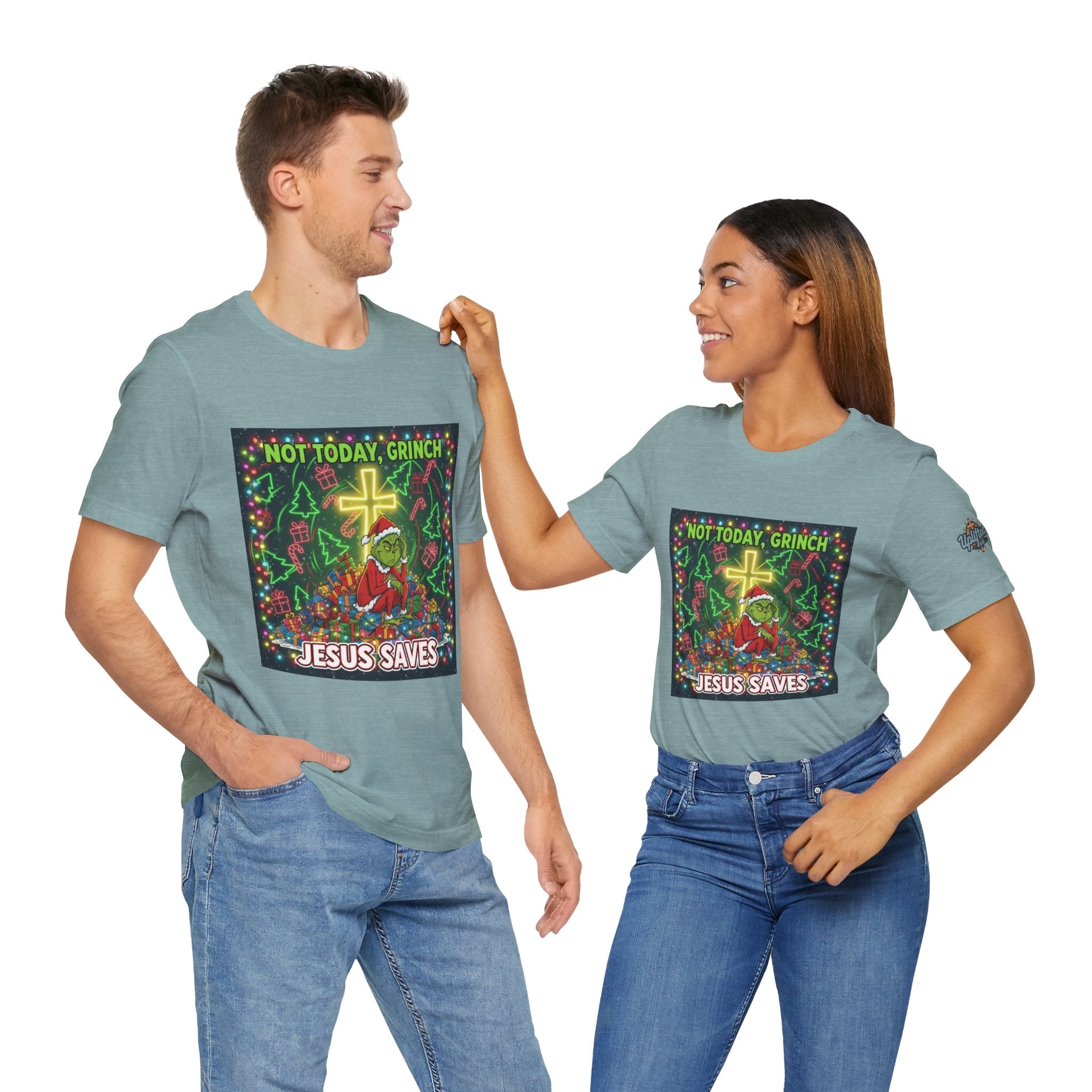 🎄 Not Today, Grinch – Jesus Saves | Funny Christian Christmas T-Shirt | Festive Green & Red Cartoon Style | Bold Faith Holiday Tee by Uplifted Gear Printify