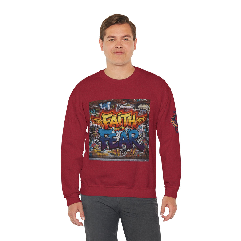 Faith Over Fear Sweatshirt – Graffiti Wall Christian Sweatshirt for Bold 2 Corinthians 5:7 Streetwear & Unshakable Faith Printify