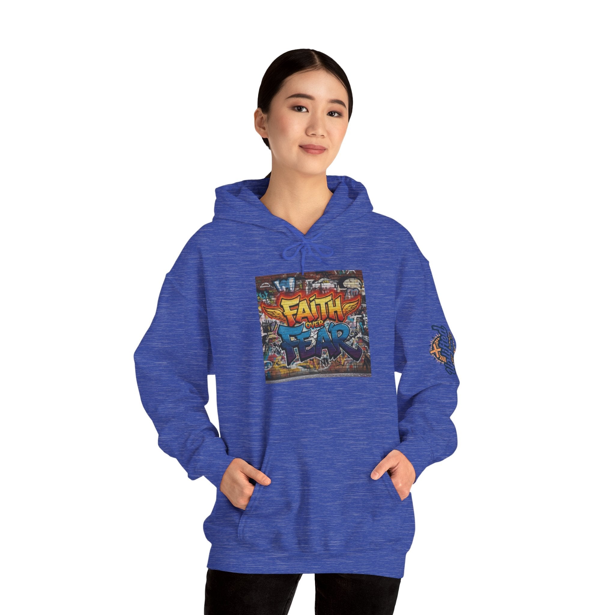 Faith Over Fear Hoodie – Graffiti Wall Christian Sweatshirt for Bold 2 Corinthians 5:7 Streetwear & Unshakable Faith Printify