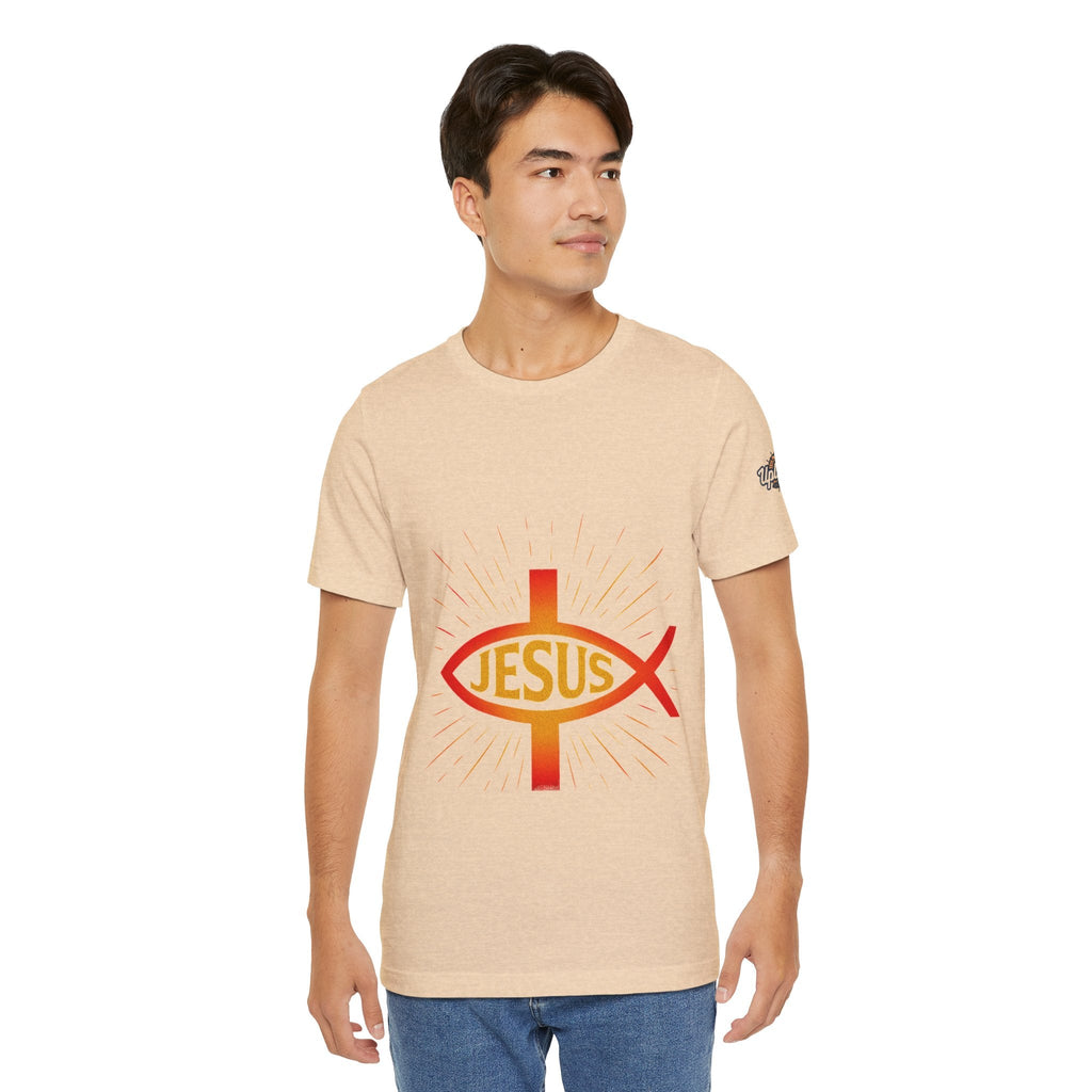Jesus Ichthys T-shirt – Christian Fish Symbol with Cross & Jesus Inscription T-shirt for Eternal Faith & Streetwear Printify