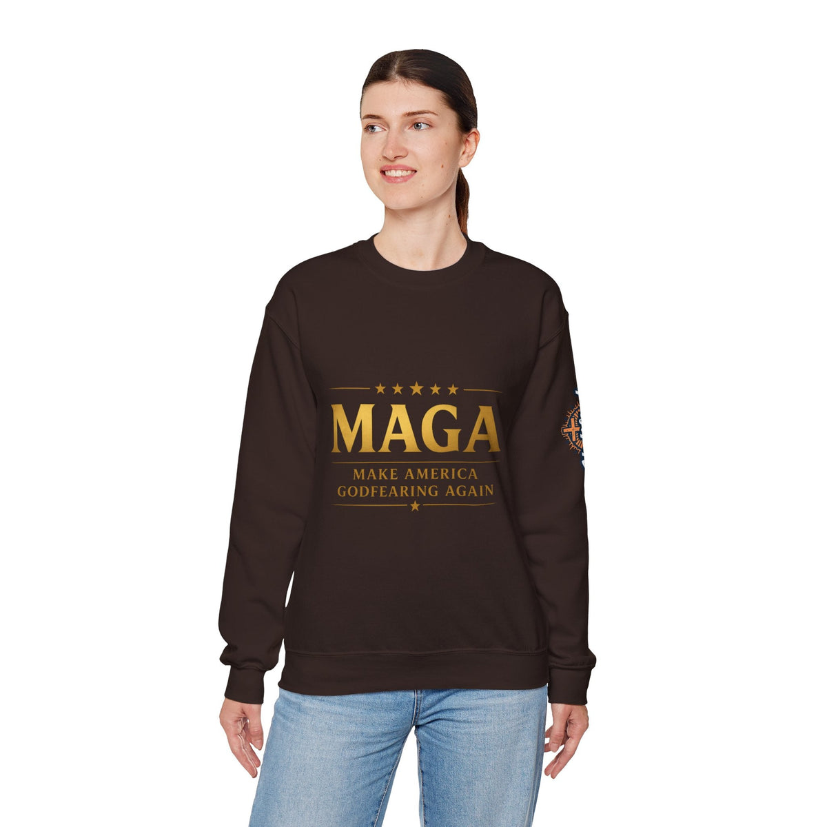 Sweatshirt — "MAGA Make America Godfearing Again" Gold Logo Crewneck Printify