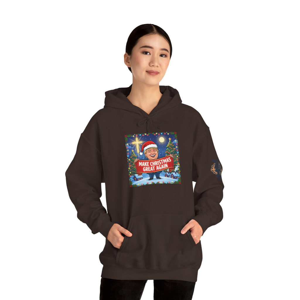 🎄 Make Christmas Great Again – Patriotic Christian Christmas Hoodie | Bold Holiday Faith Tee | Red & White Banner Design | Uplifted Gear Printify