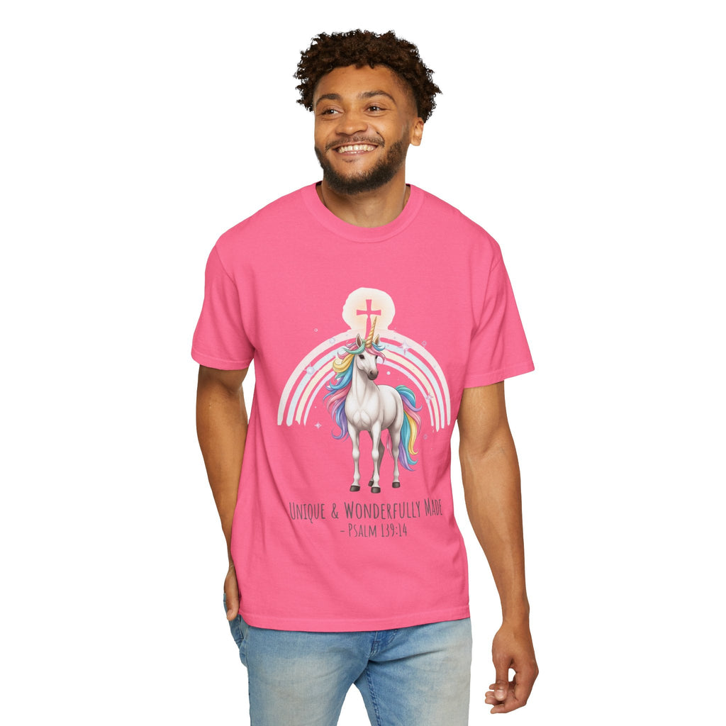 Unique Unicorn Christian T-Shirt – Wonderfully Made with Rainbow Cross & Psalm 139:14 Printify