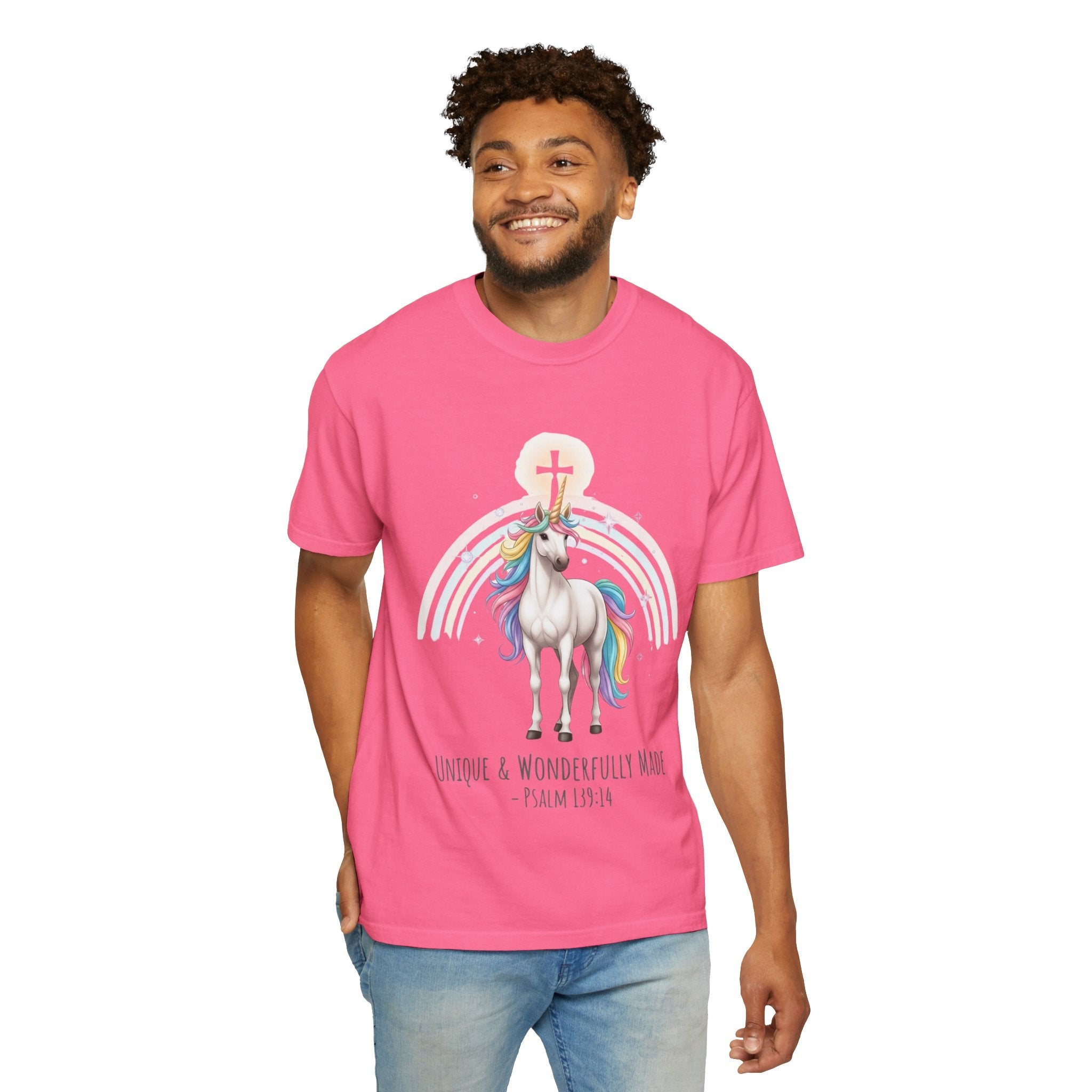 Unique Unicorn Christian T-Shirt – Wonderfully Made with Rainbow Cross & Psalm 139:14 Printify