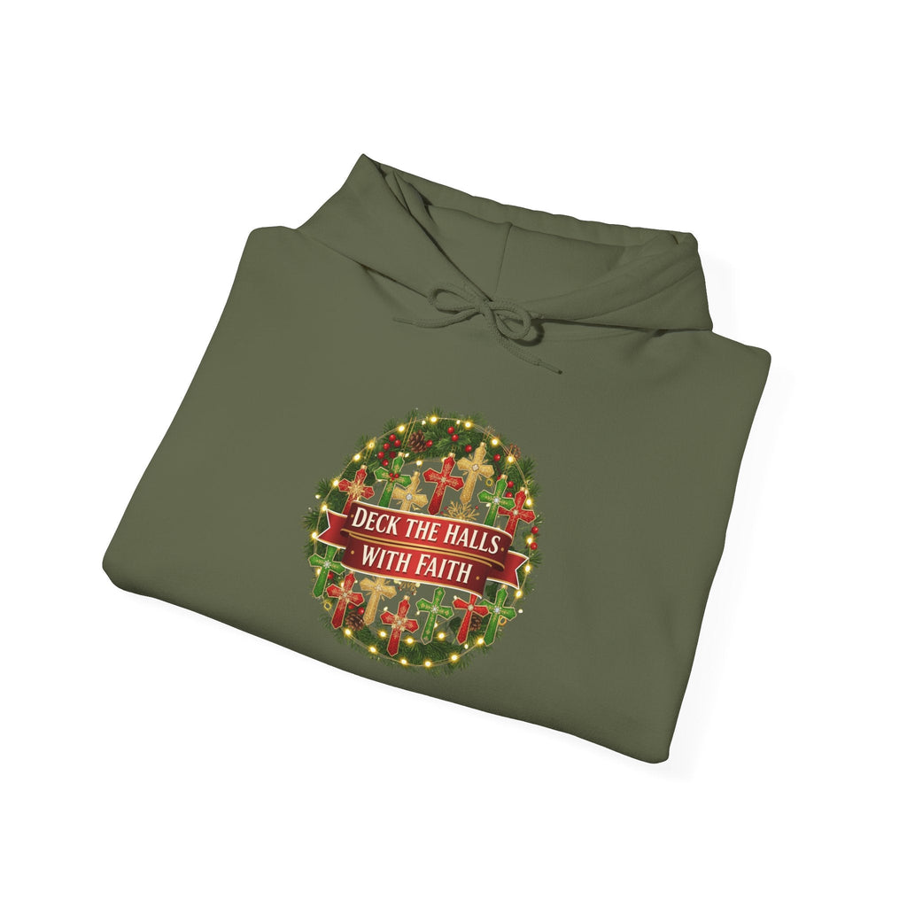 🎄 Deck the Halls with Faith – Christian Christmas Hoodie | Cross Ornament Design & Festive Garland | Bold Holiday Faith Tee by Uplifted Gear Printify