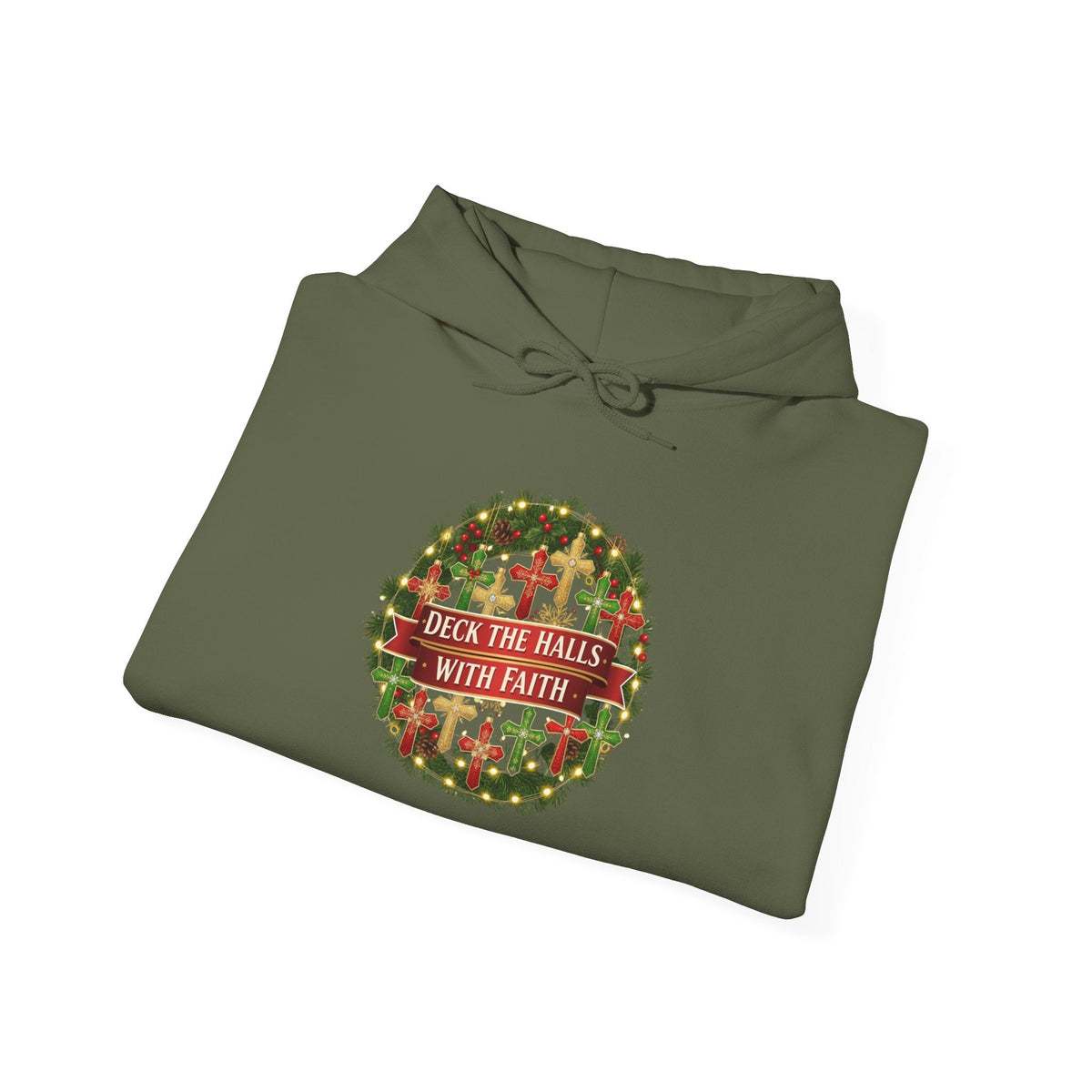 🎄 Deck the Halls with Faith – Christian Christmas Hoodie | Cross Ornament Design & Festive Garland | Bold Holiday Faith Tee by Uplifted Gear Printify