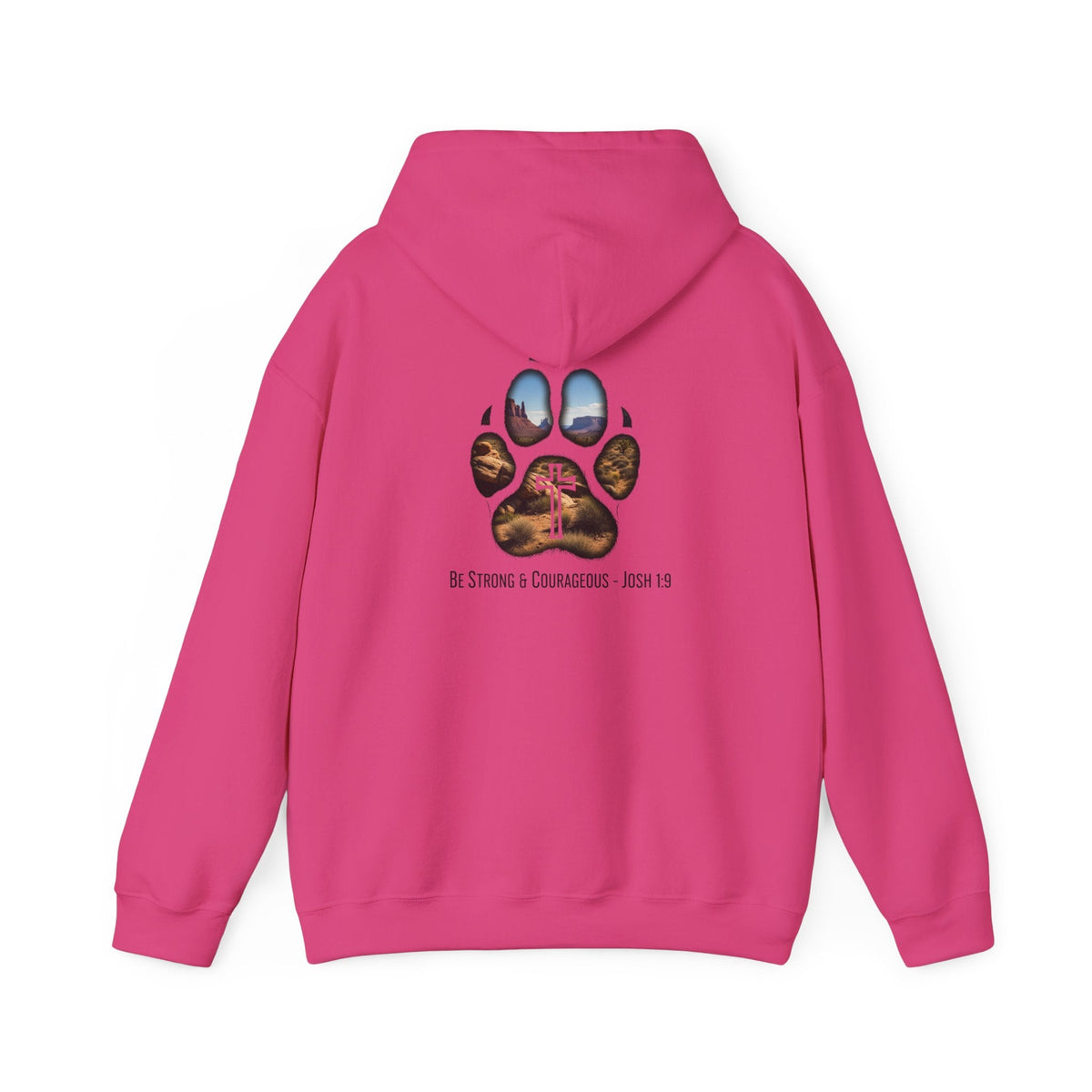 Strong and Courageous Hoodie – Joshua 1:9 Canine Pawprint Desert Christian Hoodie for Dog Lovers Printify