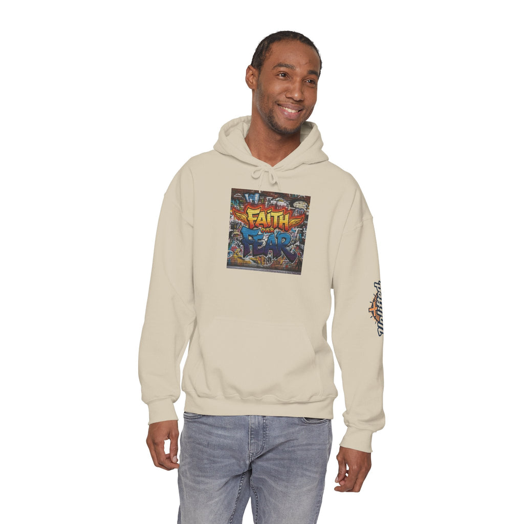 Faith Over Fear Hoodie – Graffiti Wall Christian Sweatshirt for Bold 2 Corinthians 5:7 Streetwear & Unshakable Faith Printify
