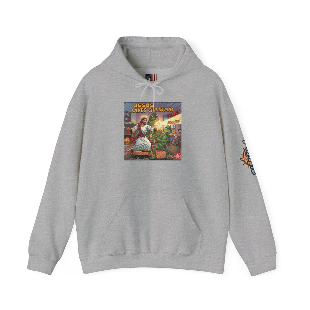 Jesus Saves Christmas Hoodie – Grinch vs Savior Light Battle Christian Sweatshirt for Hilarious Holiday Faith & True Joy Printify