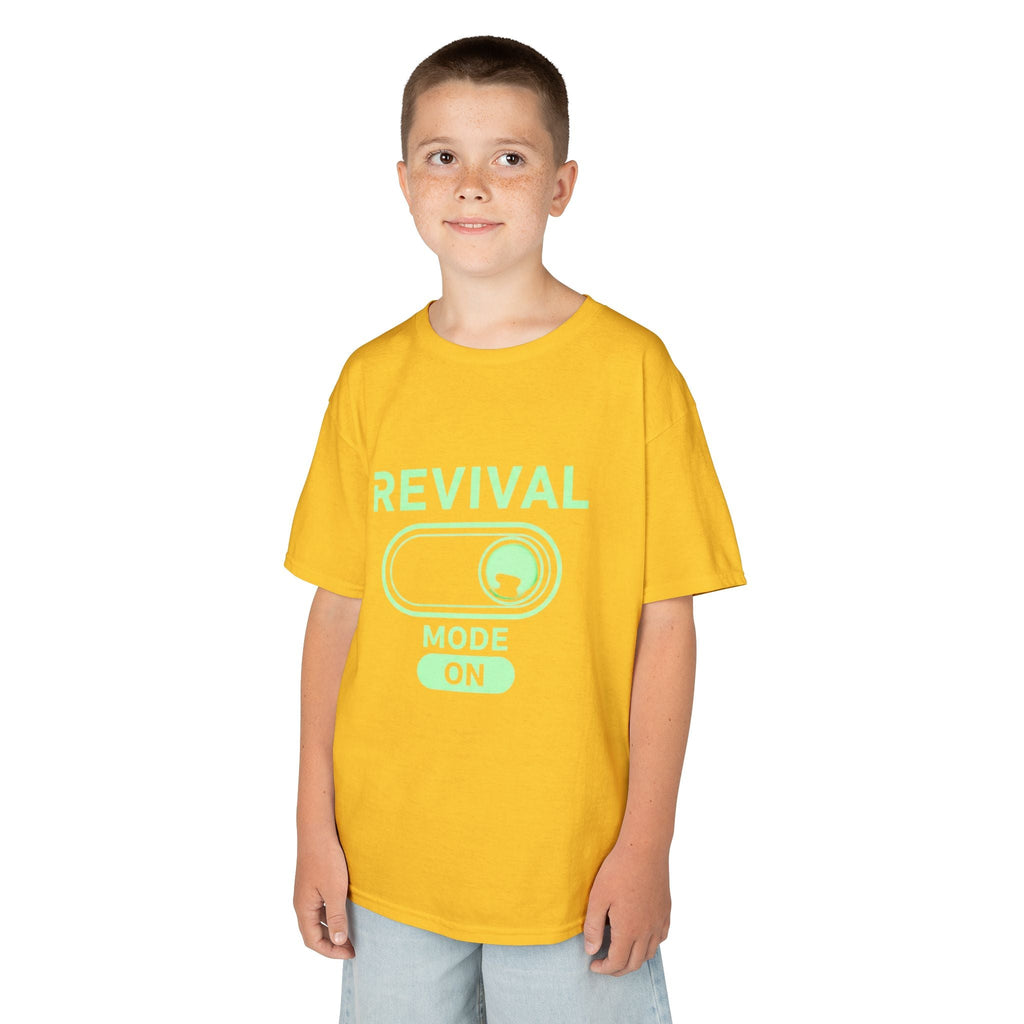 🔥 Revival Mode: ON – Christian Techwear Kids T-Shirt | Glowing Green Faith Switch | Futuristic Jesus Shirt | Activate Your Spiritual Awakening | Uplifted Gear Printify