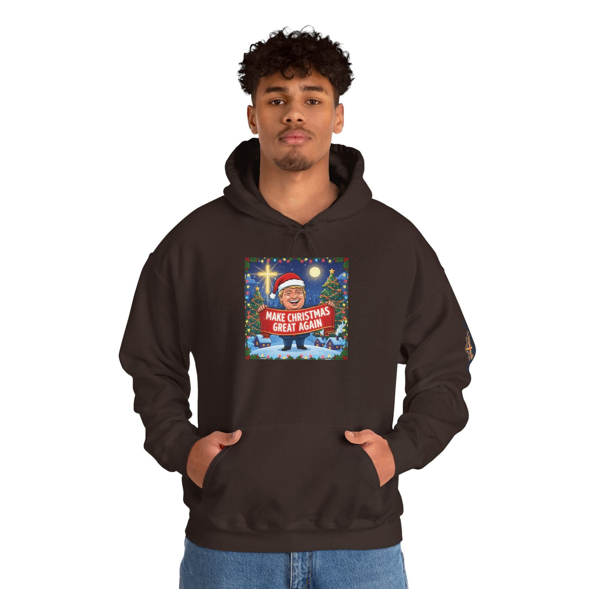 🎄 Make Christmas Great Again – Patriotic Christian Christmas Hoodie | Bold Holiday Faith Tee | Red & White Banner Design | Uplifted Gear Printify