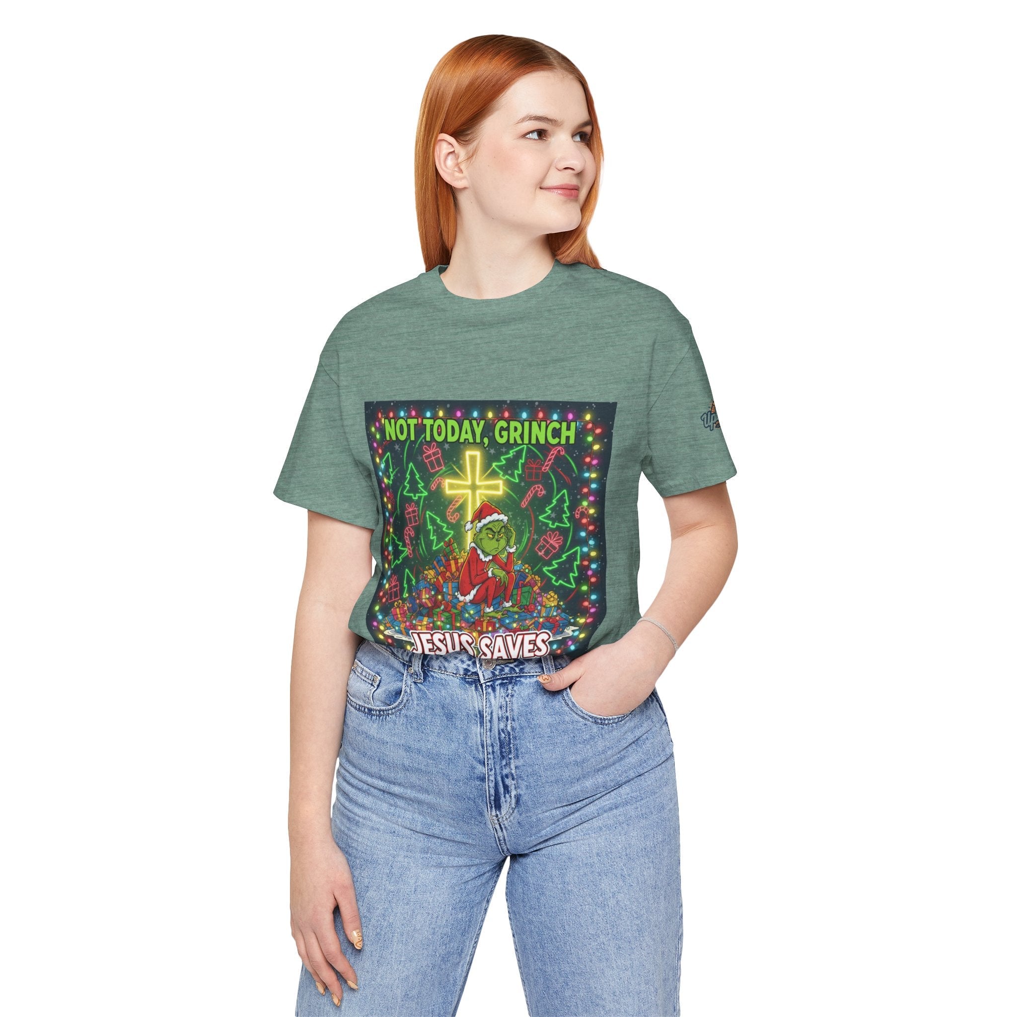 🎄 Not Today, Grinch – Jesus Saves | Funny Christian Christmas T-Shirt | Festive Green & Red Cartoon Style | Bold Faith Holiday Tee by Uplifted Gear Printify