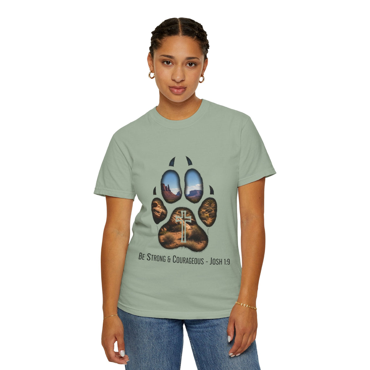 Strong and Courageous T-Shirt – Canine Pawprint Desert Joshua 1:9 Christian Tee Printify