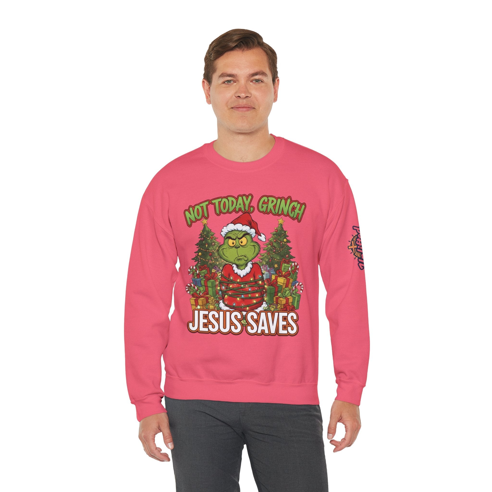 🎄 Not Today, Grinch – Jesus Saves | Funny Christian Christmas Sweatshirt | Sulking Grinch & Glowing Cross | Bold Neon Faith Tee by Uplifted Gear Printify
