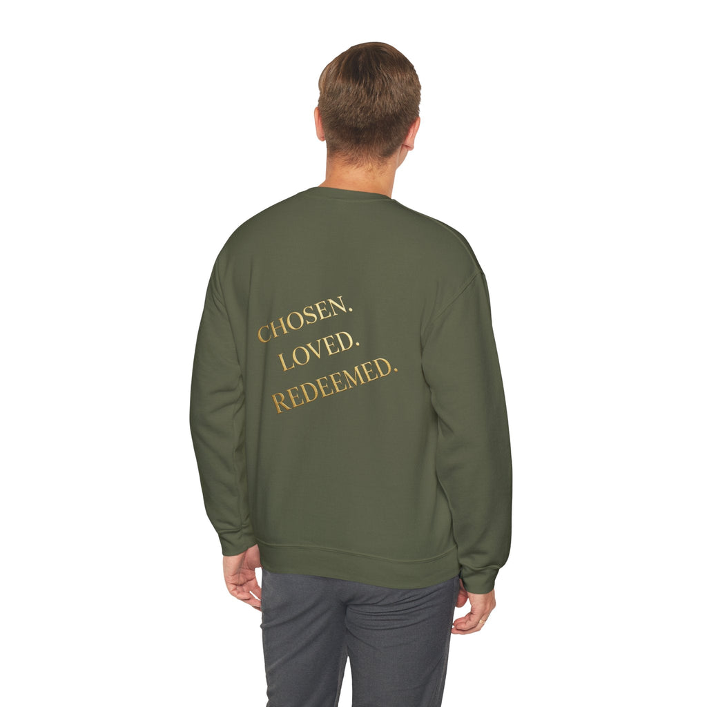 ✨ Chosen. Loved. Redeemed. – Elegant Christian Sweatshirt | Gold Foil Faith Tee | Subtle Cross & Heart Design | Inspirational Bible Verse Apparel by Uplifted Gear Printify
