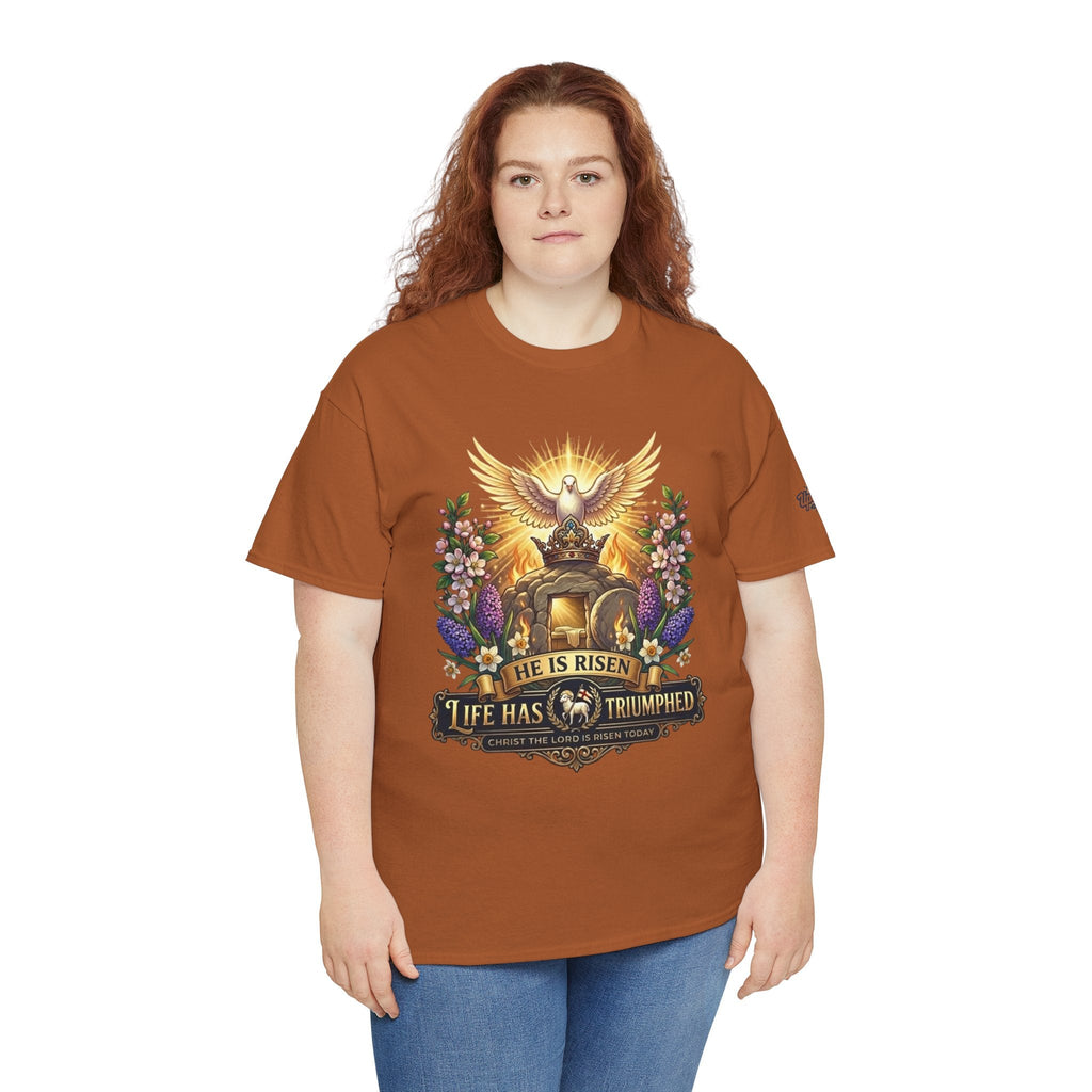 He Is Risen "Life Has Triumphed" T-Shirt — Easter Resurrection Christian Tee Printify
