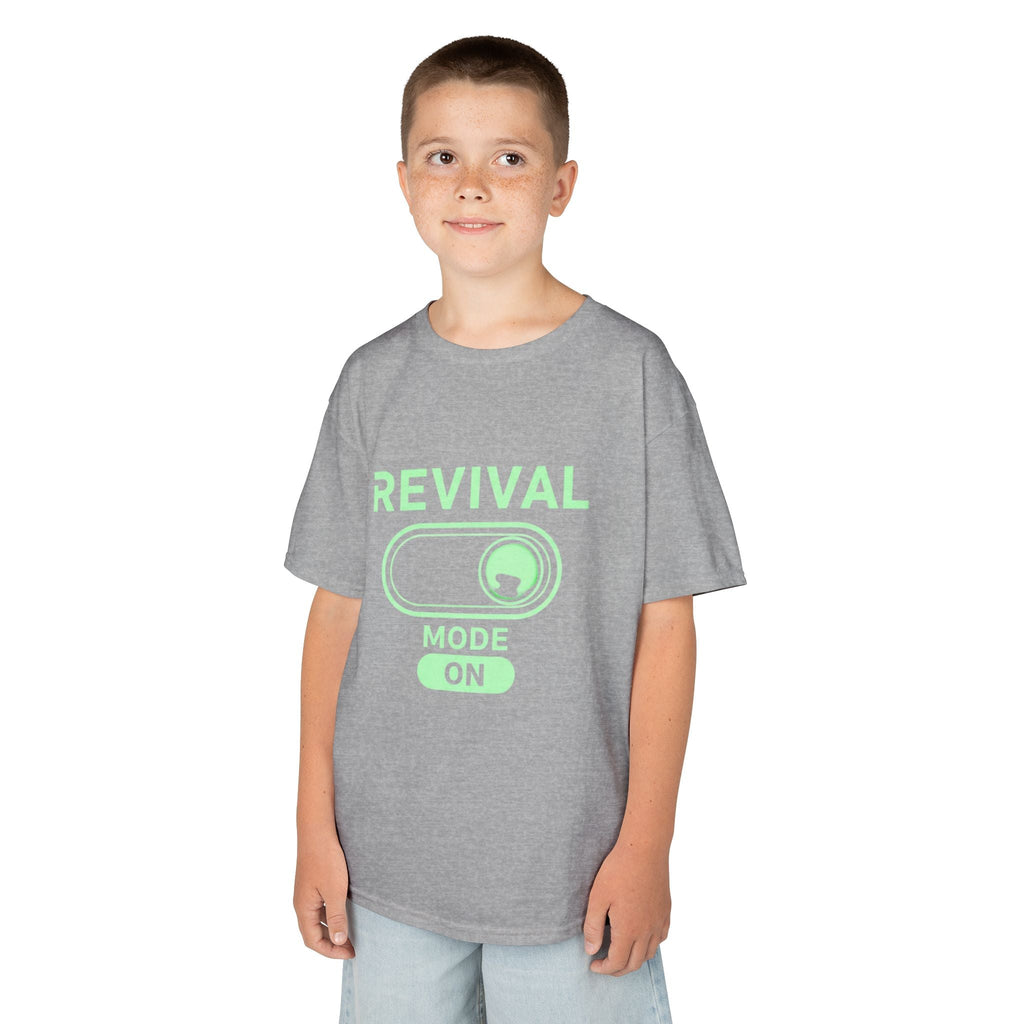 🔥 Revival Mode: ON – Christian Techwear Kids T-Shirt | Glowing Green Faith Switch | Futuristic Jesus Shirt | Activate Your Spiritual Awakening | Uplifted Gear Printify