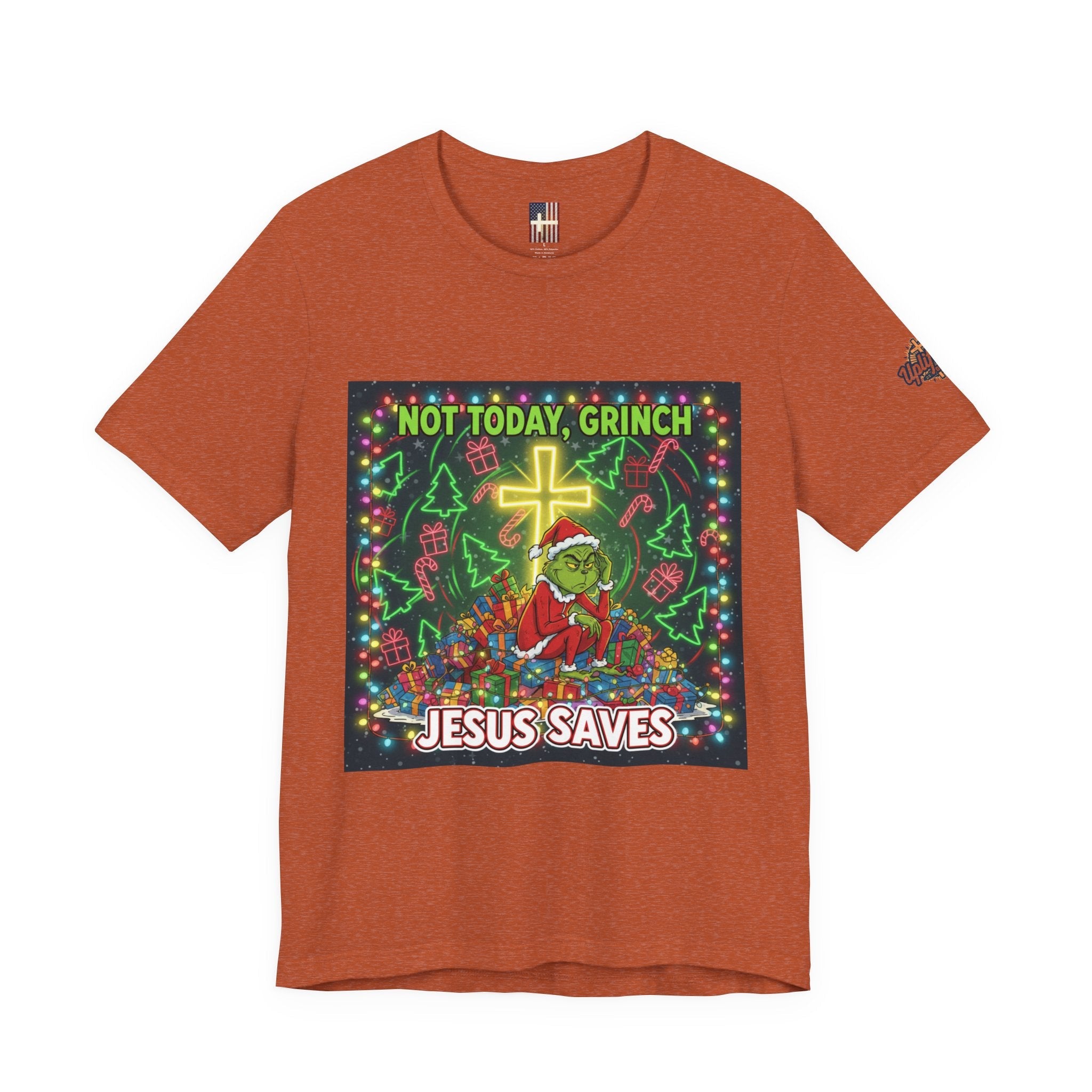 🎄 Not Today, Grinch – Jesus Saves | Funny Christian Christmas T-Shirt | Festive Green & Red Cartoon Style | Bold Faith Holiday Tee by Uplifted Gear Printify